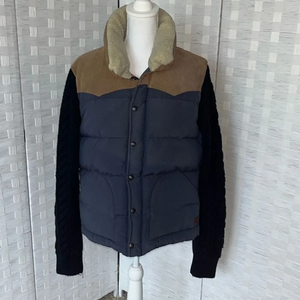 Scotch & Soda Gilet Dark Down Leather Down Puffer With Navy Knit Sleeves Men’s S